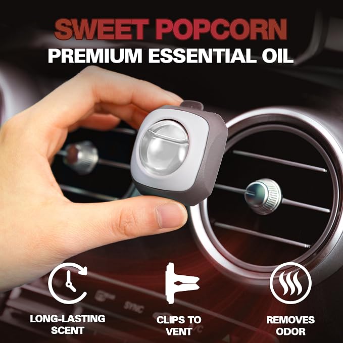 Air Jungles Sweet Popcorn Scent Car Air Freshener Vent Clip, 6 Count Long Lasting Up to 180 days, Natural Essential Oil Car Fragrance for Women and Men, Odor Eliminator - 4ml Each