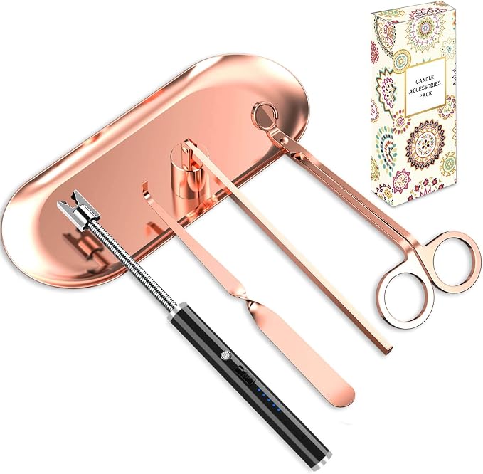5 in 1 Candle Care Kit, Elegant Candle Wick Trimmer Set, Candle Lighter Set, Candle Snuffer, Candle Tray, Candle Wick Dipper, Candle Accessories Set for Candle Lover (Rose Gold)