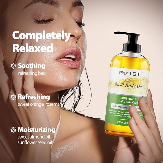 PHATOIL Basil Body Oil with Pump, 260 ml (8.8 fl.oz) Multi-Purpose Massage Oil Basil Oil, Blends of Natural Plant Oils and Essential Oils, Great for Skin Care, Body Oils for Women and Men