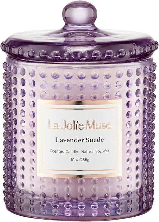LA JOLIE MUSE Lavender Suede Scented Candles for Home, Natural Soy 55 Hrs | Luxury Jar Candle, Clean Non Toxic, Gift for Women & Men, Relaxing Aromatherapy, Stress Relief, Decorative Purple Candles