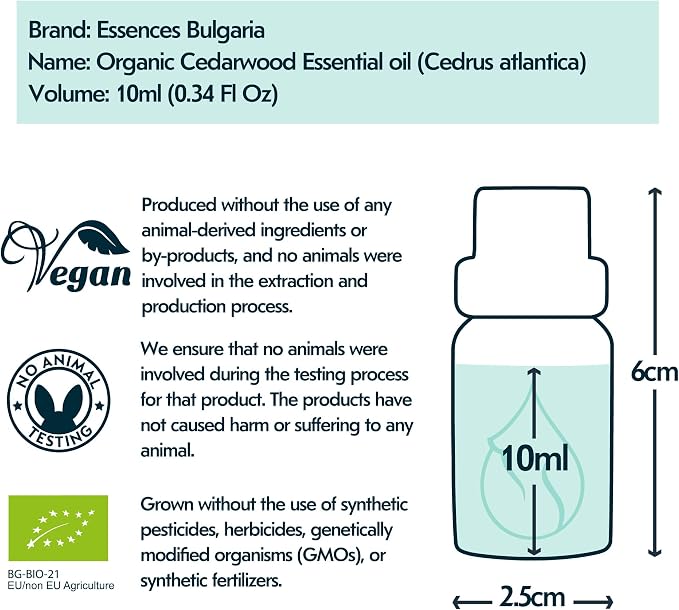 Essences Bulgaria Organic Cedarwood Essential Oil 0.34 Fl Oz 10ml Cedrus atlantica - 100% Pure Natural Undiluted Therapeutic Grade for Aromatherapy with Diffuser Humidifier DIY Men Cologne