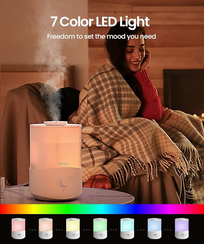 Pharata Humidifiers for Bedroom Large Room, 2.5L Cool Mist Humidifier with Essential Oil Diffuser, Top Fill Humidifier for Baby, Home, Plant, Ultrasonic Humidification for whole house, Auto Shut-Off