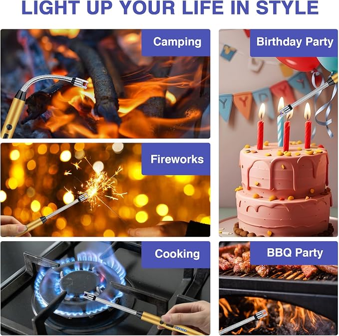 2 PCS Candle Lighter, Lighters for Candle Arc Windproof Flameless with 360° Flexible Neck & LED Power Display, Electric Lighter for BBQ, Grill, Camping, Fireplace, Stove(Gold)