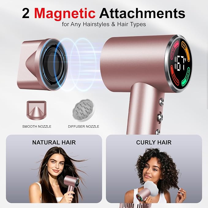 FAMOO Hair Dryer, 160,000 RPM High-Speed Ionic Blow Dryer with Diffuser and Concentrator Nozzle, 500 Million Negative Ions,Fast Drying, LED Display,Light and Quiet,For All Hair Types,For Home & Travel