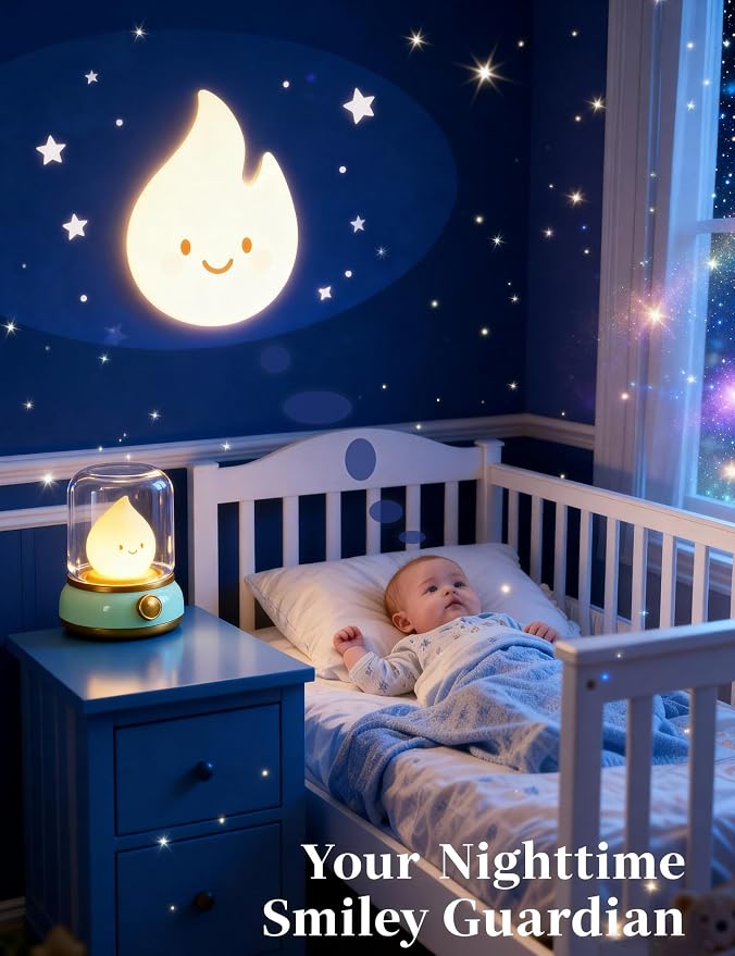 Smiley Night Light, Rechargeable Bedside Lamp with Timer & Dimmable Candle Flame, Portable LED Light for Baby Nursery, Bedroom, Camping - Cute Desk Decor & Gift
