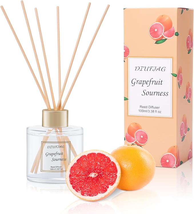 100ml Scent Diffuser with 6 Fiber Sticks, 3.5 oz Reed Diffuser Set Aromatherapy Fragrance Diffusers Air Fresheners for Home Bedroom Bathroom (Grapefruit)