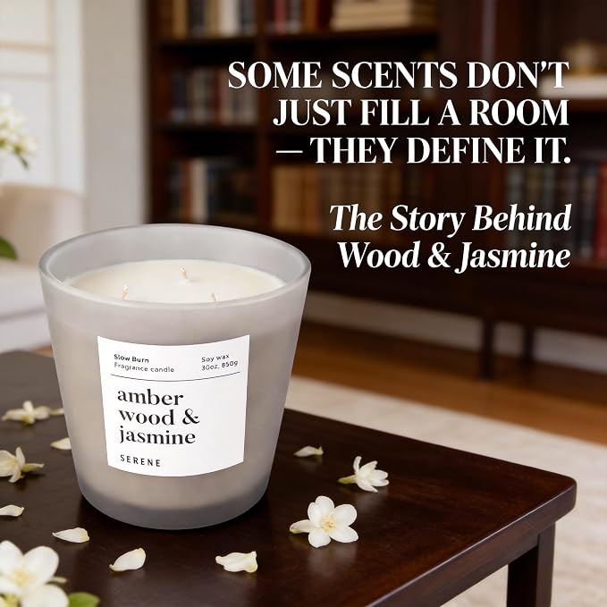 Hidden Label Amber Wood & Jasmine Scented Candle, Non Toxic 30oz Large 3-Wick Soy Wax Candle, Up to 100 Hours Slow Burn, Warm Floral Home Fragrance for Bedroom, Romance & Luxury Gift for Women