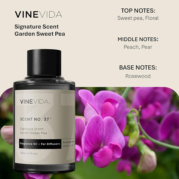 VINEVIDA [4 Fl Oz] Garden Sweet Pea Fragrance Oil for Cold Air Diffusers, Essential Oils for Diffuser Oil Refill & Air Freshener Room Spray