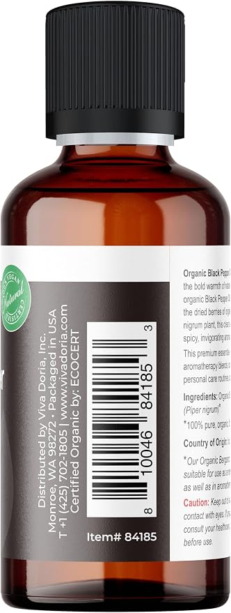 Viva Doria Black Pepper Essential Oil, USDA Certified, Organic Black Pepper Oil, 100% Pure, Natural Essential Oil, Undiluted, for Aromatherapy | Food Grade, 30 mL (1 Fluid Ounce)