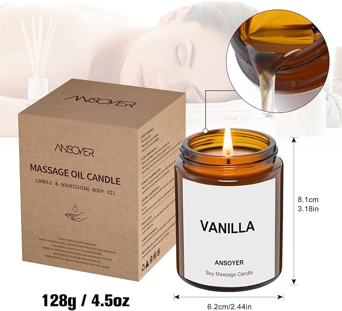 Massage Oil Candle, Vanilla Scented, Gift SPA Use Home Body Oil, Ultra Hydrating Body Care with Soybean Oil, 4.5oz
