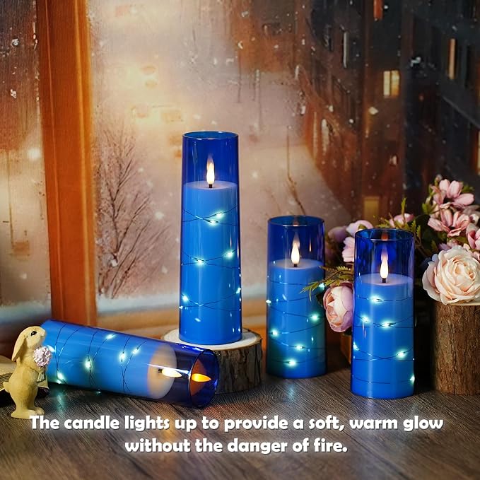 kakoya Flameless LED Candles with Timer 5 Pc Flickering Flameless Candles for Romantic Ambiance and Home Decoration Stable Acrylic Shell,with Embedded Star String，Battery Operated Candles（Blue）