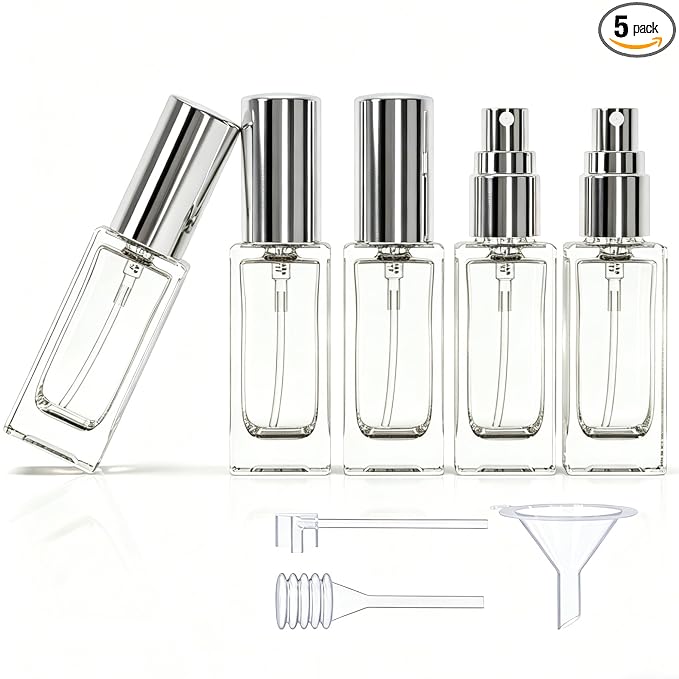 5PCS 5ml Glass Travel Refillable Perfume Bottle,Small Empty Cologne Atomizer with Dispenser Tools, Mini Pocket Spray Bottles For Toiletries and Smple Container (Silvery Cap 5p)