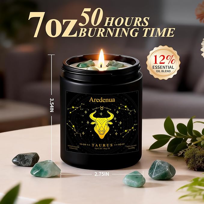 Taurus Birthday Gifts Candle | Zodiac Crystal Candles with Green Aventurine Healing Crystals - Balsamic Cedar Woody Scented Soy Candle, 7oz 50 Hour Burn, Unique Spiritual Astrology Gifts for Women Men