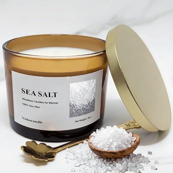 VOHO Sea Salt Wickless Candles for Candle Warmer Lamp, 9oz Soy Candle with Stirring Spoon & Lid, Wickless Sea Salt Scents Ideal for Candle Lamp, Candles Gifts for Housewarming, Birthday, Summer Home