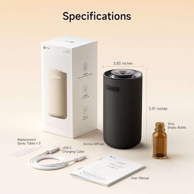 Car Scent Diffuser with Smart Auto Start-Stop Sensor, Waterless Car Essential Oil Diffuser for Home, Cordless Rechargeable Portable Air Freshener, Adjustable Scent Modes, Fits 5/10/15ml