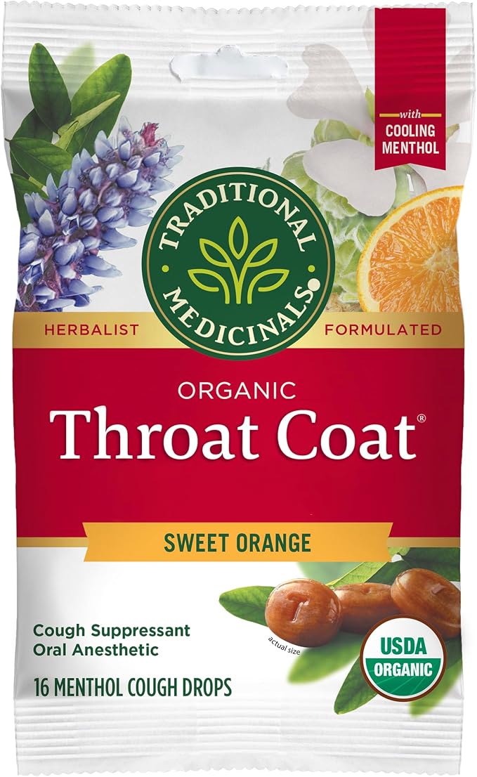 Traditional Medicinals Organic, Throat Coat Lozenges, Sweet Orange Fennel with Menthol - Herbal Cough Drops, Helps Soothe Sore Throat & Relieve Cough - Non-GMO, Stimulant-Free - 16 Count