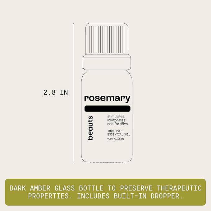 Beauts Premium Rosemary Essential Oil – 100% Pure & Natural - Hair Growth, Scalp, Memory & Focus – Rosemary Oil for Aromatherapy, Diffuser, Massage & Skin – Vegan & Cruelty-Free 10 mL (.33 fl oz)