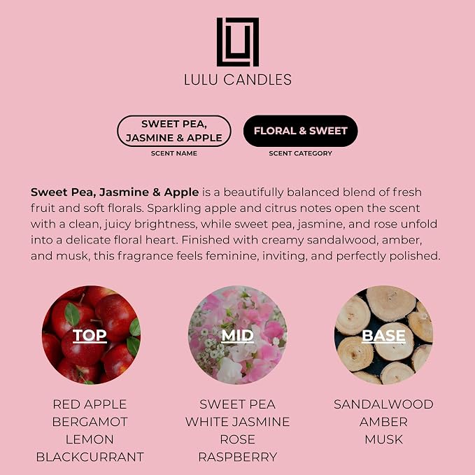 Lulu Candles | Reed Diffuser Set | Sweet Pea, Jasmine & Apple | 6 Reed Sticks | Scent Diffuser for Bedroom Bathroom Living Room & Office (4.2 FL Oz.)