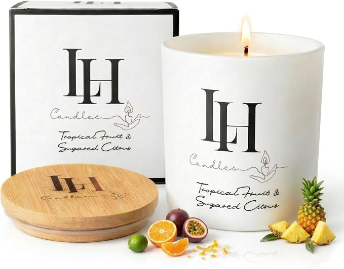 LH Tropical Fruit and Sugared Citrus Scented Candle – Non-Toxic Organic Soy Wax, Highly Scented Relaxing Candle for Men and Women, Summer Home Gift