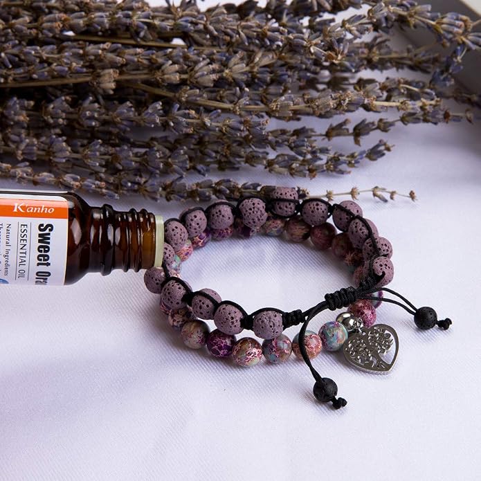Bivei Life Tree Bracelet - Lava Stone Essential Oil Gemstone Beaded Yoga Meditation Regalite Stone Beach Charm Bracelet Set