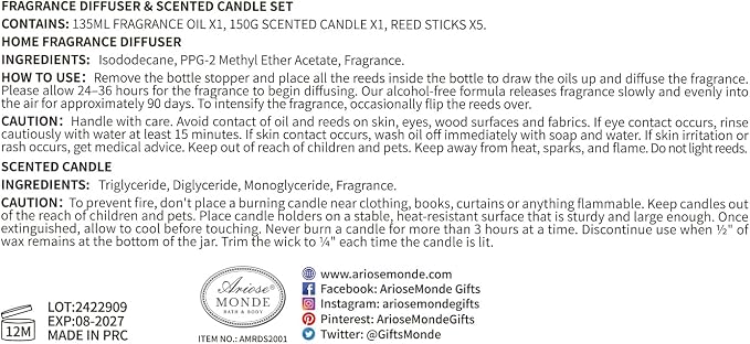 Reed Diffuser & Scented Candle Gift Set, Lemon Basil Oil Diffuser Sticks, Fragrance Diffuser & Soy Wax Candles in Glass Jar, Natural Soy Candles Gifts for Home Decor
