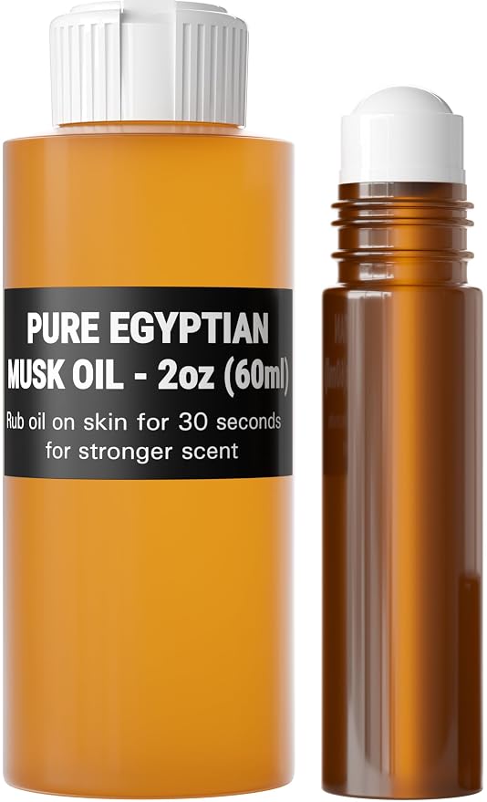 AromaZen Pure Egyptian Musk Oil 16oz (473ml) for Women & Men with Amber Glass Empty Roll On Bottle 10ml - Best Original Fragrance Aromatherapy Perfume Cologne Essential Body Oil in Bulk (2oz)