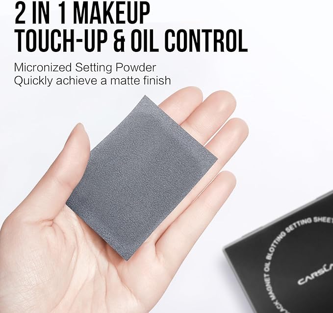 CARSLAN Makeup Blotting Paper with Powder, Black Magnet Blotting Sheet for Oily & Combination Skin, Portable Compact with Puff & Mirror, Keeps Makeup Fresh All Day, 150 Sheets + 8 Refill Adhesive Pads