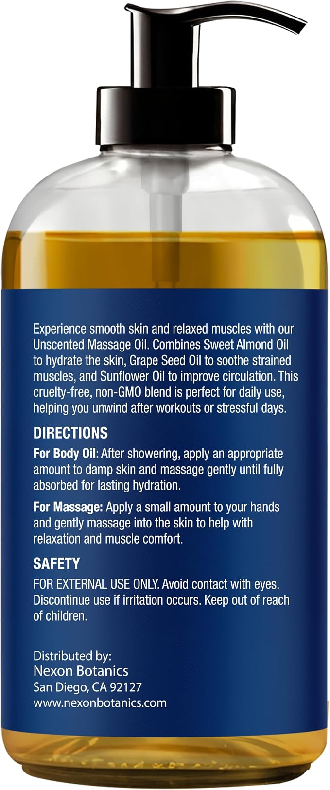 Unscented Massage Oil for Massage Therapy 8 fl oz - Refreshing and Relaxing - Natural Oils with Sweet Almond, Grape Seed and Sunflower Oil - for Men and Women - Nexon Botanics