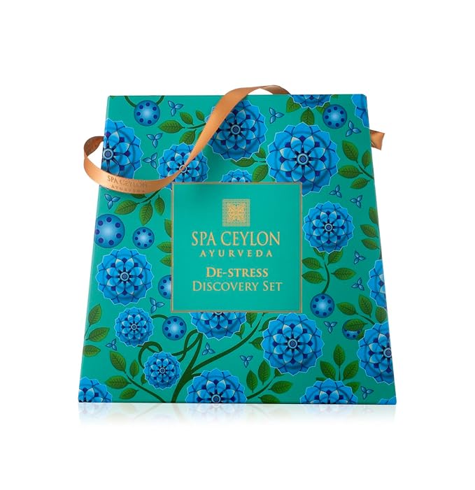 Spa Ceylon Ayurveda De-Stress Discovery Set - 4-Piece Natural Calming Gift Set with Frankincense, Sandalwood & Tangerine - Body Cleanser, Body Elixir, Essence Mist & Balm