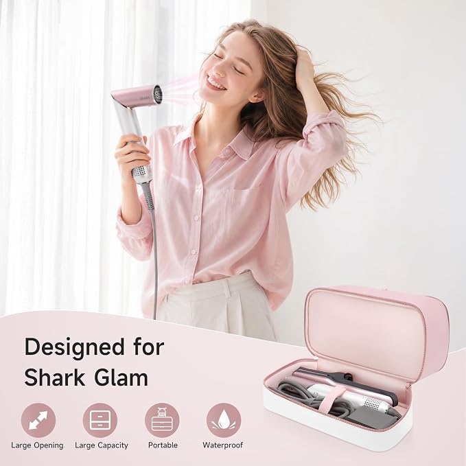 Travel Hair Dryer Case for Shark Glam, Portable Hair Tools Bag for Shark FlexFusion, Double-Layer Storage Carrying Case for FlexStyle Blow Dryer, Silki Straightener & Glossi Attachments Holder (Pink)