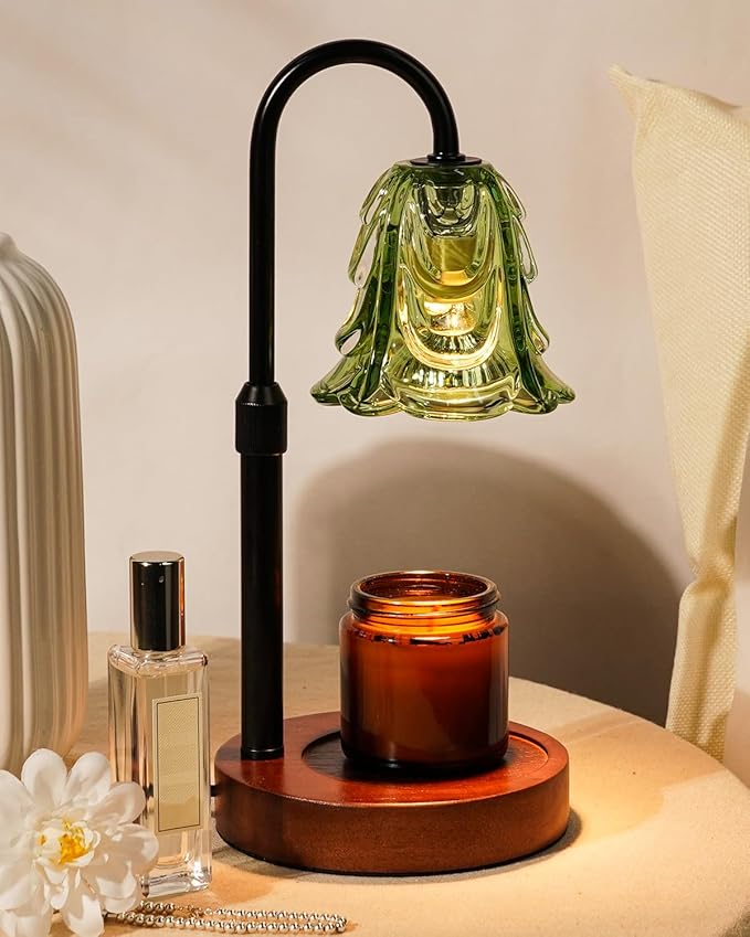 Small Candle Warmer Lamp with Timer, Adjustable Green Lamp Warmer for Jar Candles, Unique Women Gifts for Birthday, Dimmable Candle Heater, Mothers Day Gifts, Cute Wax Warming Light with Wood Base