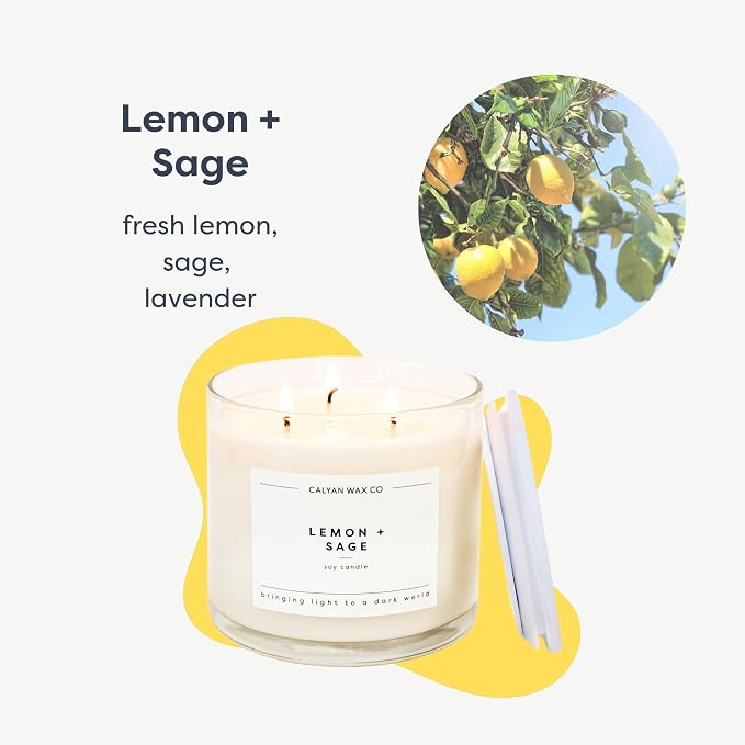Calyan Wax Co. Lemon & Sage 3 Wick Scented Candle - 43 Hour Burn - Luxury 3 Wick Soy Candles - Soy Wax Candles - Long Lasting Large Glass Jar Candle for Home - 14.9oz