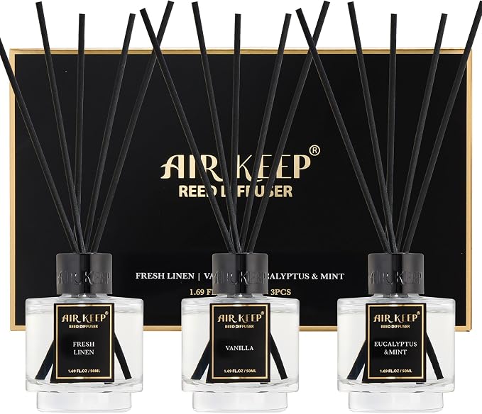 Airkeep Reed Diffuser Set of 3 for Bathroom Air Fresheners, Oil Diffuser Sticks | Fresh Linen,Vanilla,Eucalyptus & Mint Scent(1.7 fl oz*3) Fragrance with 18 Sticks Defusers | Shelf Decor