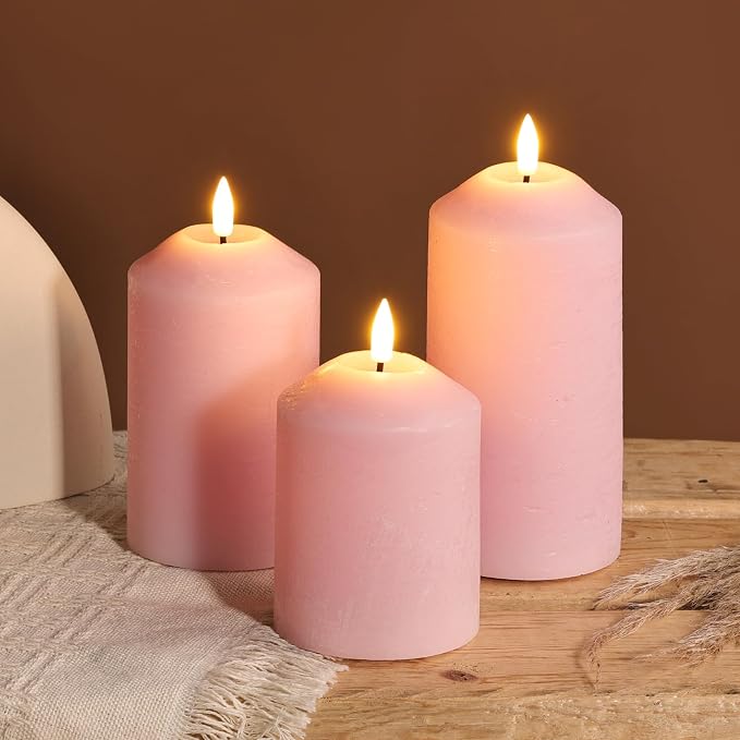 Pink Flameless Pillar Candles with Remote, Real Wax LED Candles Battery Powered Flickering Set of 3