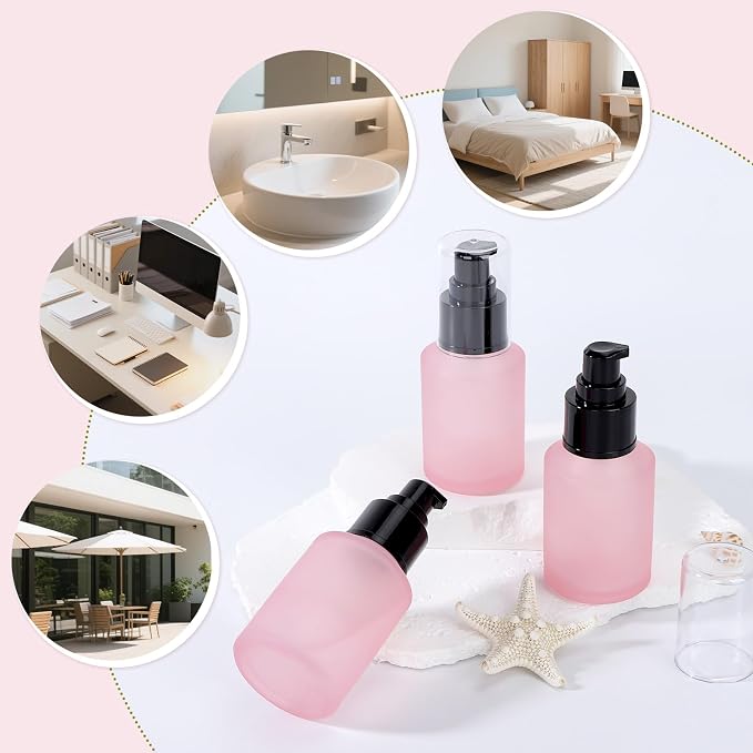 Segbeauty 2oz Frosted Glass Refillable Pump Bottles for Toiletries, 3pcs Travel Size Empty Bottles with Pumps for Foundation, 60ml Pink Travel Containers for Oils Bottle Dispenser Liquid Containers