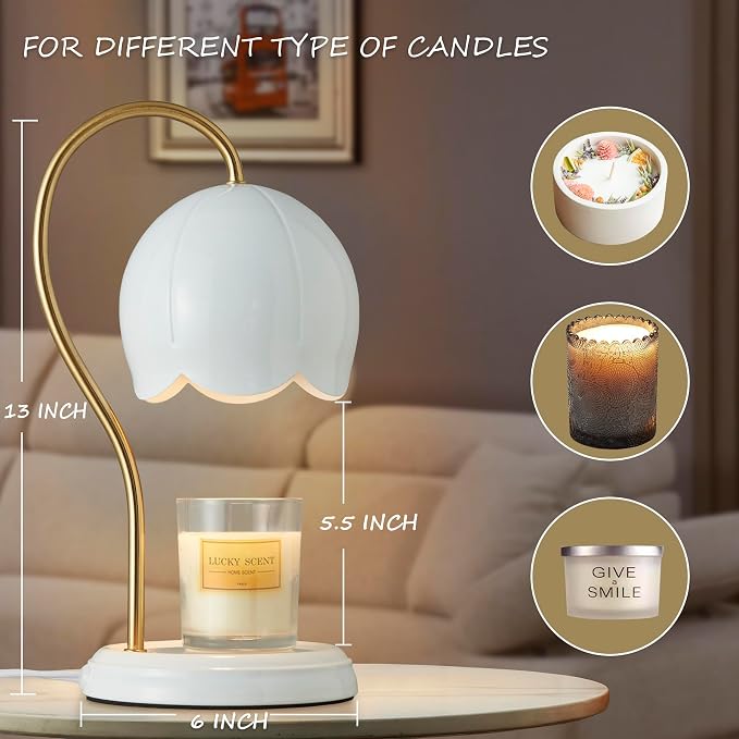 White Gold Flower Candle Warmer Lamp with Timer Dimmable, Office Decor Elegant Bedroom Scented Wax Light, Valentine's Birthday Gifts for Women Man, Large Table Candles Burner