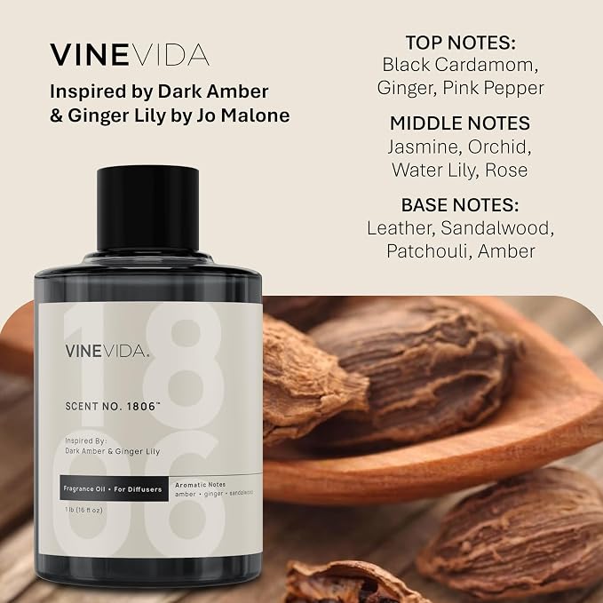 VINEVIDA [16 Oz] Inspired by: Dark Amber & Ginger Lily; Diffuser Oil Refill | Premium Scent Diffuser Oil for Home | Non-Toxic Fragrance