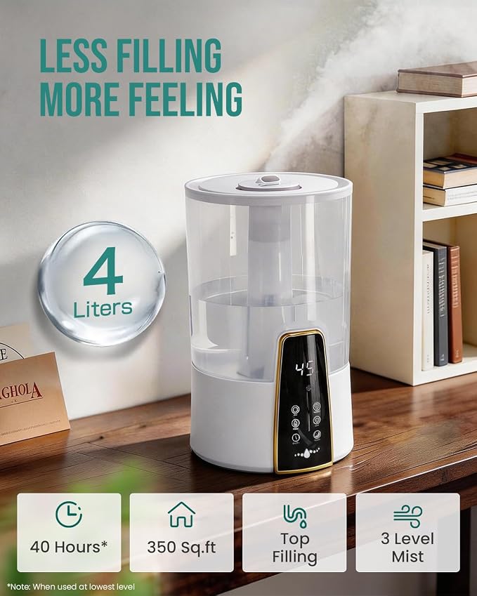 Humidifiers for Bedroom,1.06Gal(4L) Dishwasher Safe Design Easy to Clean,Top Fill,Night Light,Aroma Diffuser,Humidity Control,12H Timer,Sleep Mode,3 Level Mist,360° Nozzle,Home,Nursery,Off White