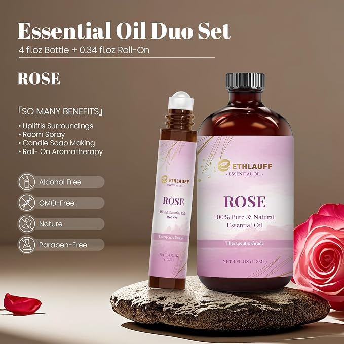 Rose Essential Oil, 100% Natural Rose Oil Premium Grade for Diffusers, Skin Care, Massage, Humidifiers, DIY Candles, Soap Making, with Glass Dropper