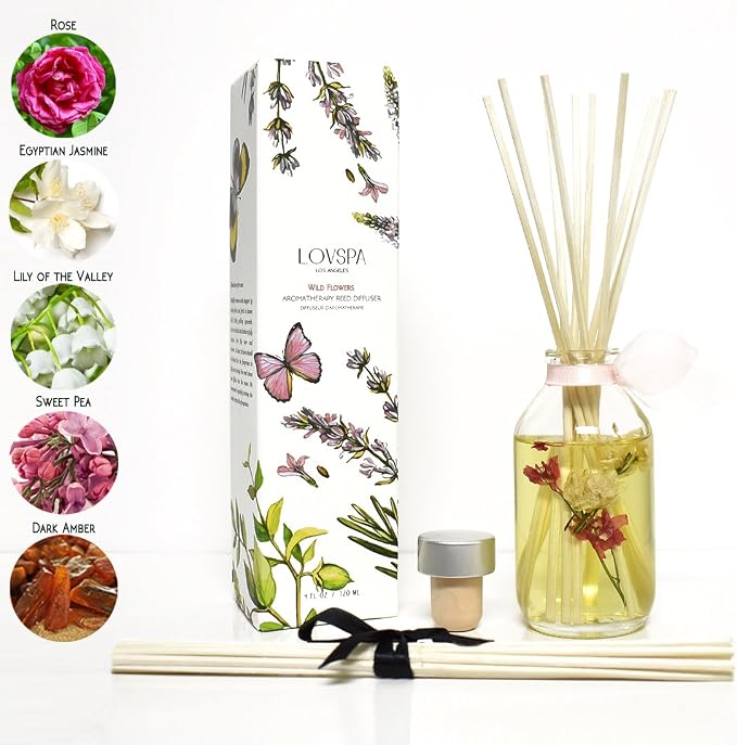 Wild Flowers Diffuser Set, Bathroom Decor, Home Fragrance, Spa Scent | Rose, egyptian jasmine, and sweet pea profile, guest bath, decorative glass bottle, powder room, entryway, office shelf