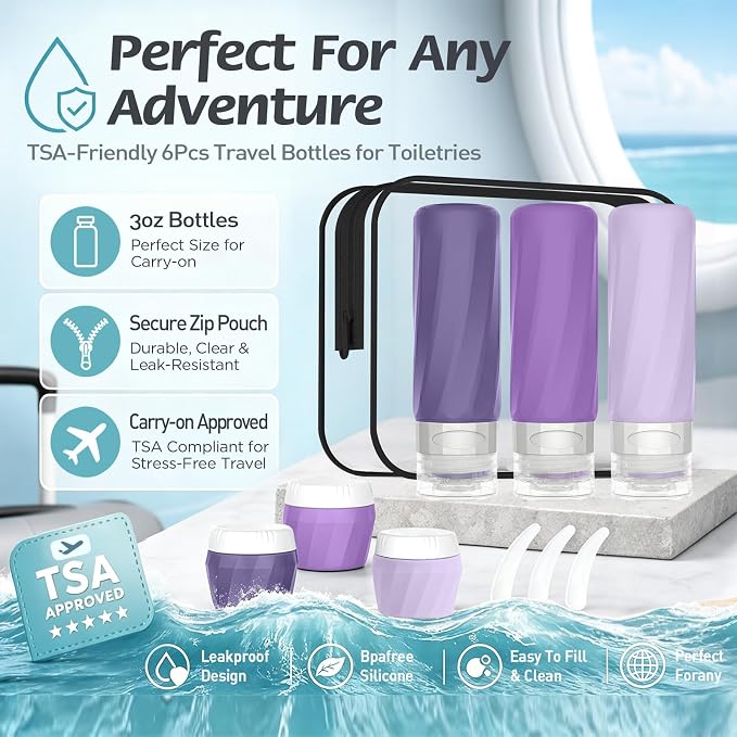 6Pcs Travel Bottles for Toiletries, TSA Approved Travel Size Toiletries Containers Set, BPA-FREE Silicone Leak Proof Refillable Bottles and Jars, Women & Men Airplane Cruise Essentials Kit (PURPLE)