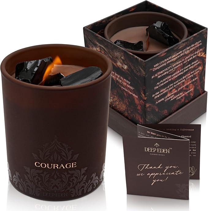 Forest Mahogany Scented Crystal Candle - Luxury Empowerment Candle with Black Tourmaline Crystals - 7.4oz Natural Soy, Coconut & Beeswax Wood Wick Candles for Men