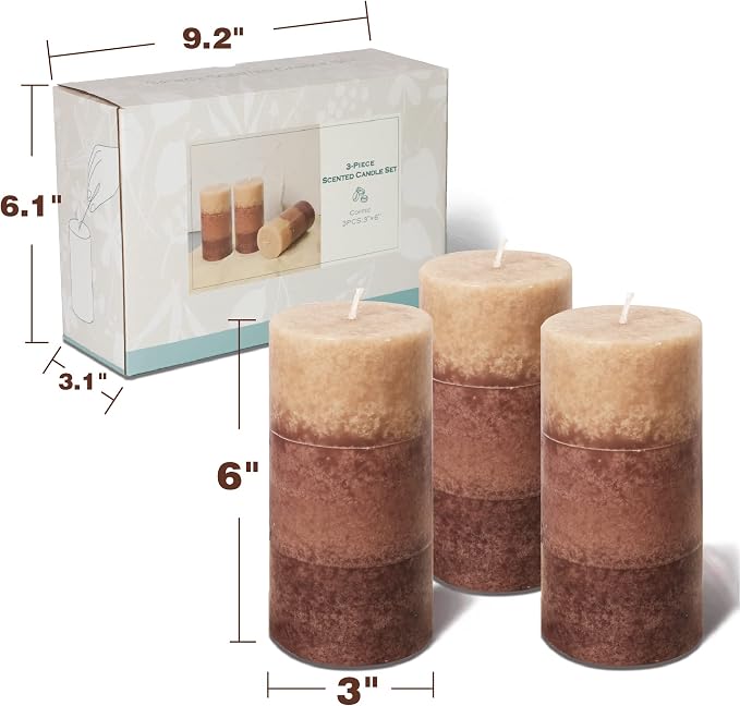 Coffee Pillar Candles, Aromatherapy Scented Candles, Set of 3 Tall 3x6 Inch Dripless Pillar Candle, for Wedding and Home Décor