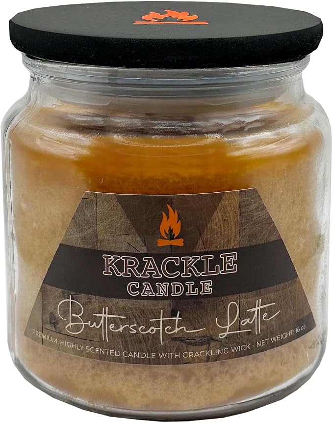 Krackle Candle | Butterscotch Latte | 16 oz Scented Candle with Natural Crackling Wooden Wick | Poured in the USA | Butterscotch & Roasted Coffee Bean Fragrance