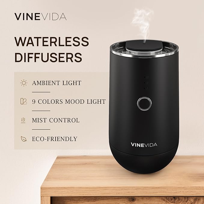 VINEVIDA Waterless Diffuser - Essential Oil Diffuser for Home - Black Scent Diffuser for Home, Battery Operated Aromatherapy Diffuser - Car, Room Fragrance Air Diffuser