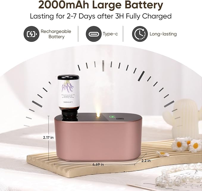 Lecdura Waterless Diffuser for Essential Oil, Battery Operated Scent Air Aromatherapy Diffuser, Mini Aroma Diffusers with 3 Intermittent Mist Modes, Cycle Start for Home Office Bedroom - Rose Gold