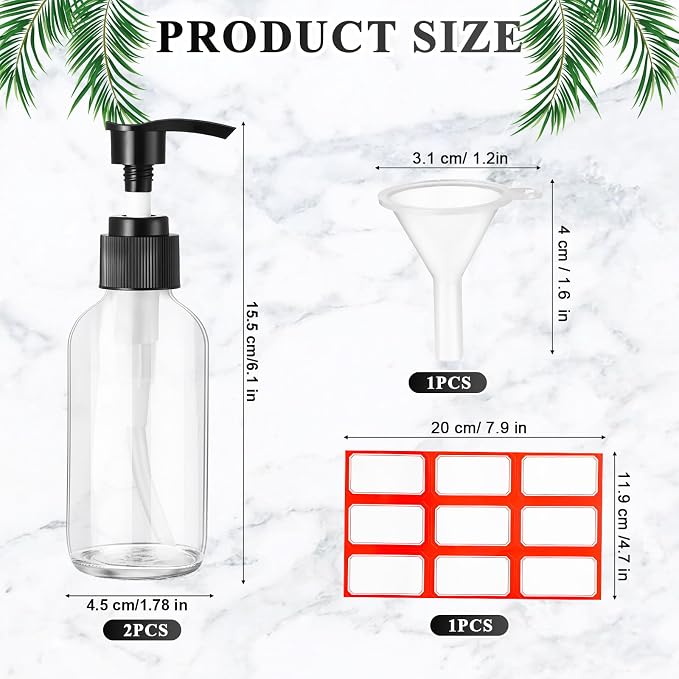 Fumete 2 Pack Glass Bottles 4oz Empty Refillable Liquid Containers with 1 Label 1 Funnel for Essential Oils Hair Travel Plants Cleaning Skin Care(Clear, Black Top,Pump Bottle)