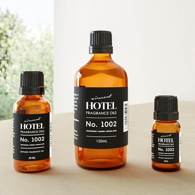 AirScent Hotel Diffuser Oil No. 1002 - Lemongrass Jasmine Amber - Hotel Scent Dupe - Premium Fragrance Oil for Ultrasonic and Waterless Diffusers and Crafting - 10 mL, .34 fl oz Glass Dropper Bottle
