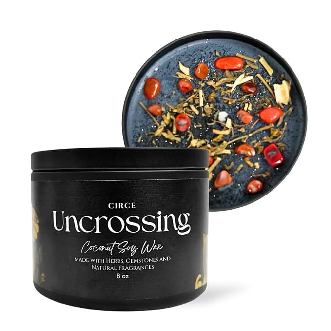Circe Spell Candle “Uncrossing” Coconut Soy Wax Candle Jar – Premium Hand Poured & Long Burning – Herbs, Crystals & Natural Fragrance Oils- Protection, Balance & Renewal- Self Care, Gift- 8oz