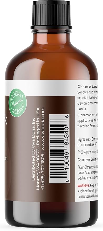 Viva Doria Cinnamon Bark Essential Oil, 100% Pure, Natural Cinnamon Essential Oil, Undiluted, for Aromatherapy | Food Grade, 118 mL (4 Fluid Ounce)